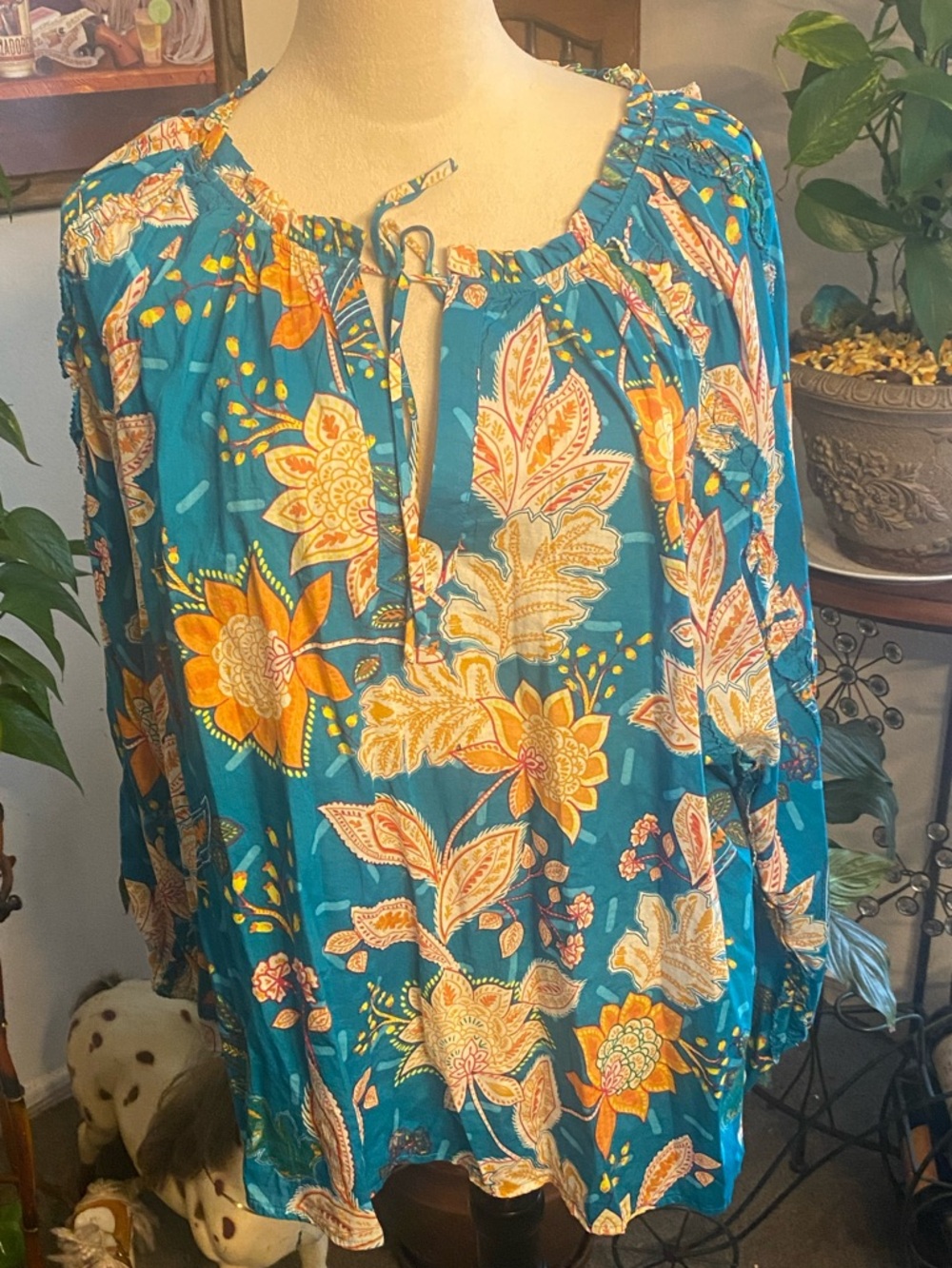 Calligraphie Women's Teal Floral Peasant Top Size XL